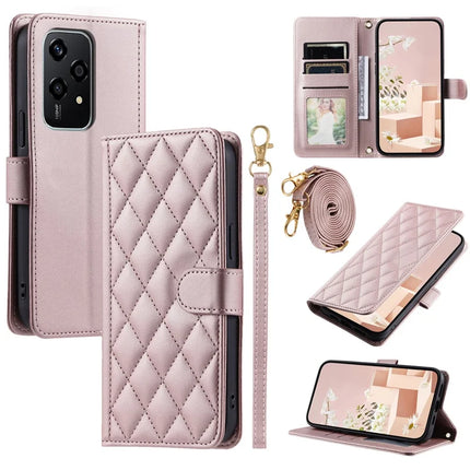 For Honor 200 Lite Wallet Case Rhombus Grid PU Leather Phone Cover - Rose Gold