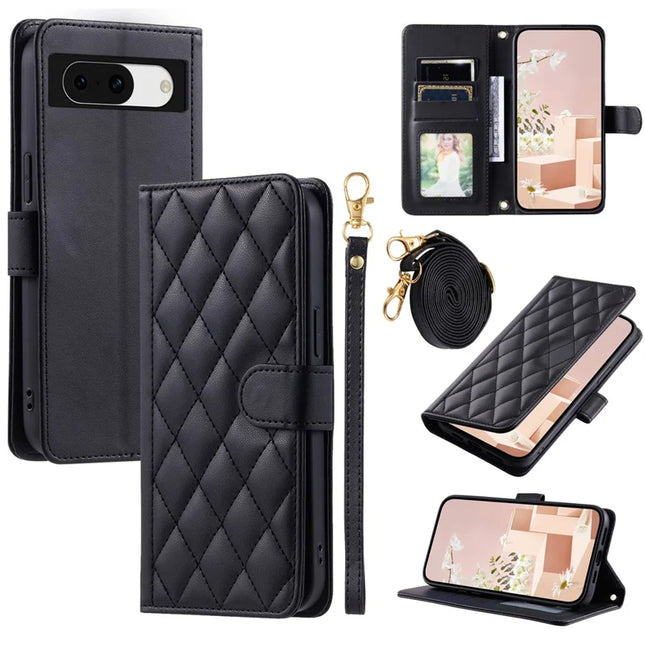 For Google Pixel 8a Wallet Case Rhombus Grid PU Leather Phone Cover - Black