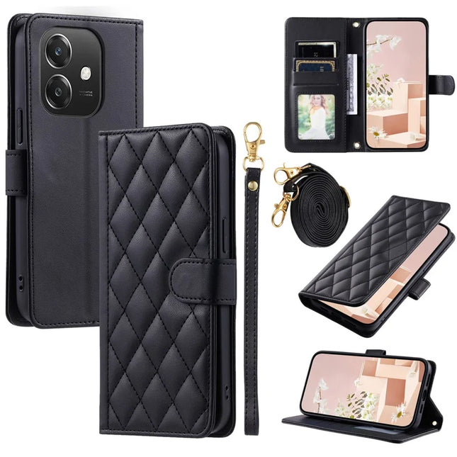 Leather Case for Oppo A3x 4G / 5G (India) / A3 4G / 5G / A40 4G / A60 5G Wallet Rhombus Grid Phone Cover - Black