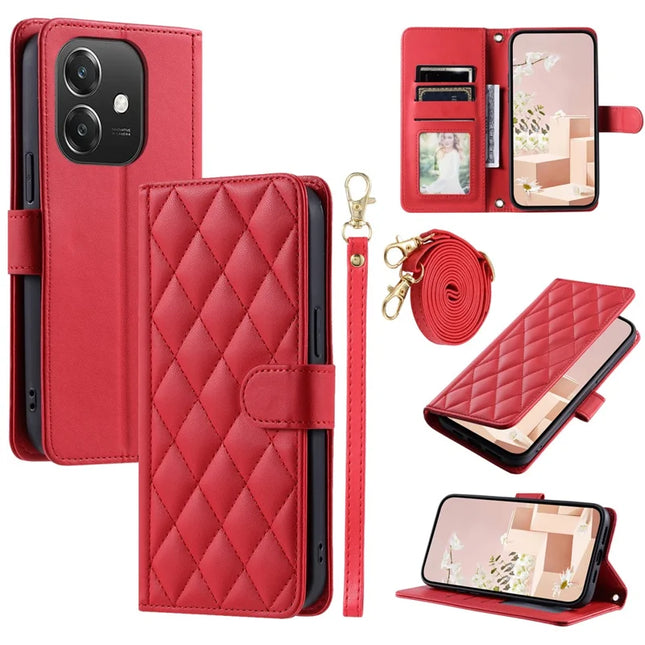Leather Case for Oppo A3x 4G / 5G (India) / A3 4G / 5G / A40 4G / A60 5G Wallet Rhombus Grid Phone Cover - Red