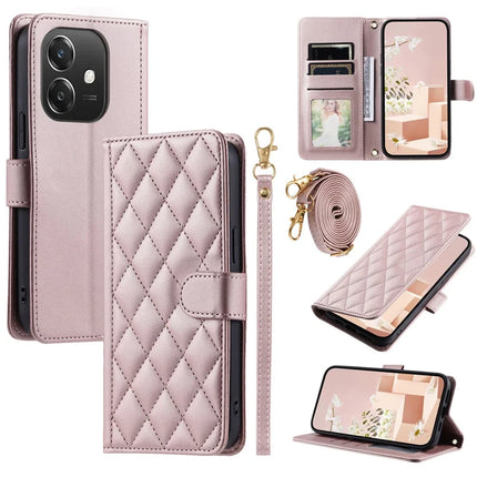 Leather Case for Oppo A3x 4G / 5G (India) / A3 4G / 5G / A40 4G / A60 5G Wallet Rhombus Grid Phone Cover - Rose Gold