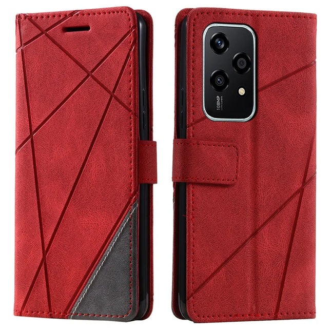 For Honor 200 Lite Case Imprinted Lines PU Leather Splicing Wallet Phone Cover - Red