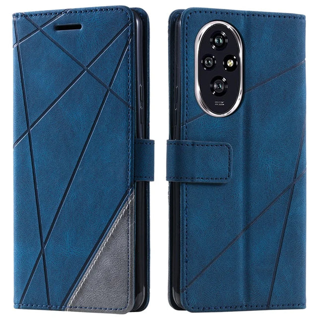 For Honor 200 Pro 5G Case Imprinted Lines PU Leather Splicing Wallet Phone Cover - Blue
