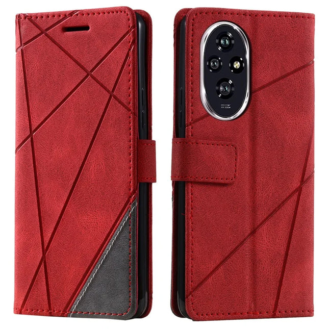 For Honor 200 Pro 5G Case Imprinted Lines PU Leather Splicing Wallet Phone Cover - Red