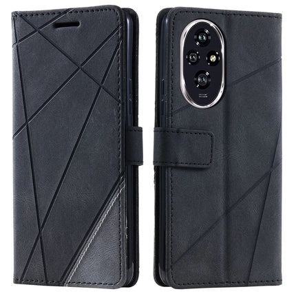 For Honor 200 Pro 5G Case Imprinted Lines PU Leather Splicing Wallet Phone Cover - Black