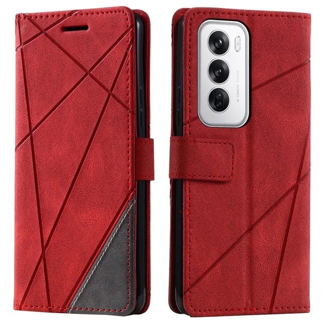 For Oppo Reno12 5G (Global) Case Imprinted Lines PU Leather Splicing Wallet Phone Cover - Red