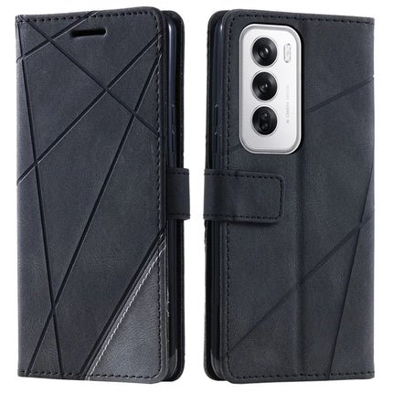 For Oppo Reno12 5G (Global) Case Imprinted Lines PU Leather Splicing Wallet Phone Cover - Black