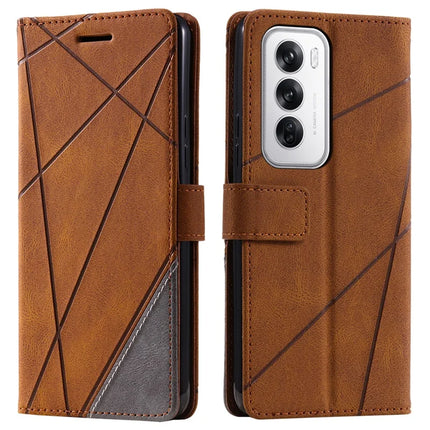 For Oppo Reno12 5G (Global) Case Imprinted Lines PU Leather Splicing Wallet Phone Cover - Brown