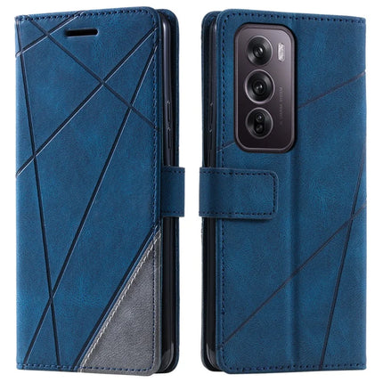 For Oppo Reno12 Pro 5G (Global) Case Imprinted Lines PU Leather Splicing Wallet Phone Cover - Blue