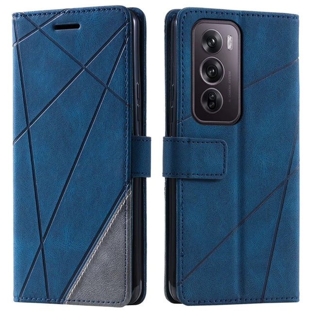 For Oppo Reno12 Pro 5G (Global) Case Imprinted Lines PU Leather Splicing Wallet Phone Cover - Blue