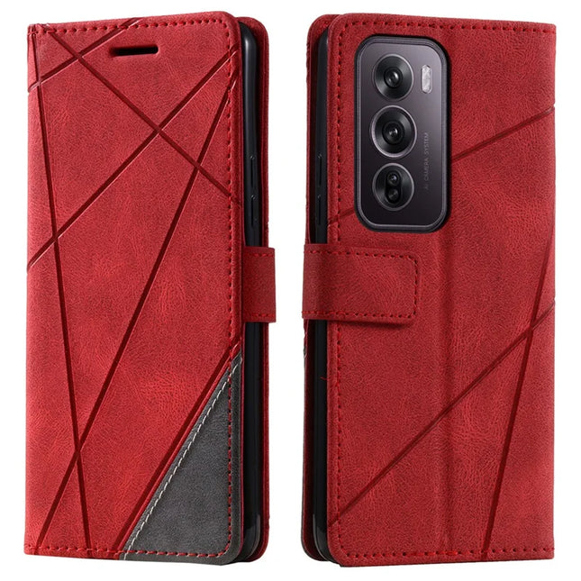 For Oppo Reno12 Pro 5G (Global) Case Imprinted Lines PU Leather Splicing Wallet Phone Cover - Red