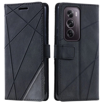 For Oppo Reno12 Pro 5G (Global) Case Imprinted Lines PU Leather Splicing Wallet Phone Cover - Black