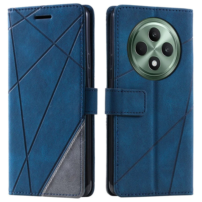 For Oppo Reno12 F 4G Case Imprinted Lines PU Leather Splicing Wallet Phone Cover - Blue