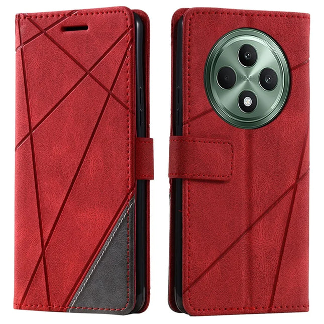 For Oppo Reno12 F 4G Case Imprinted Lines PU Leather Splicing Wallet Phone Cover - Red