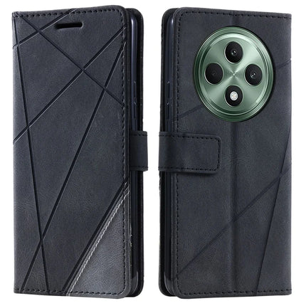For Oppo Reno12 F 4G Case Imprinted Lines PU Leather Splicing Wallet Phone Cover - Black