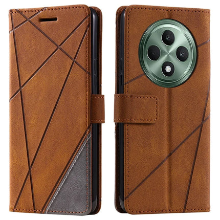 For Oppo Reno12 F 4G Case Imprinted Lines PU Leather Splicing Wallet Phone Cover - Brown