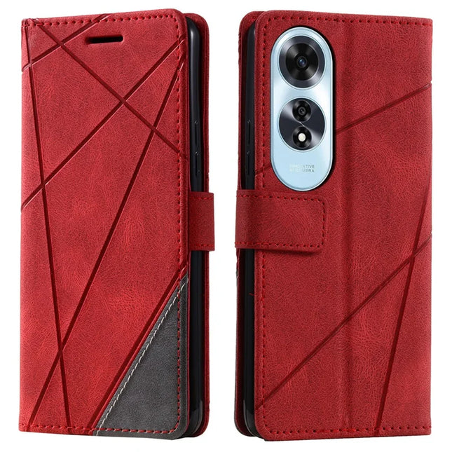 For Oppo A60 4G Case Imprinted Lines PU Leather Splicing Wallet Phone Cover - Red