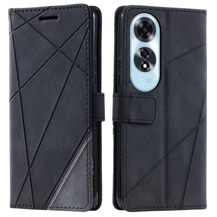 For Oppo A60 4G Case Imprinted Lines PU Leather Splicing Wallet Phone Cover - Black