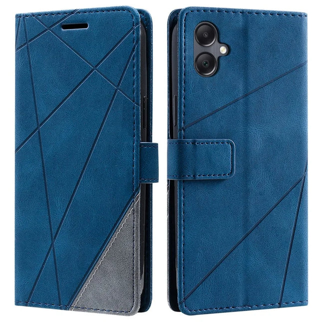 For Samsung Galaxy A06 Case Imprinted Lines PU Leather Splicing Wallet Phone Cover - Blue