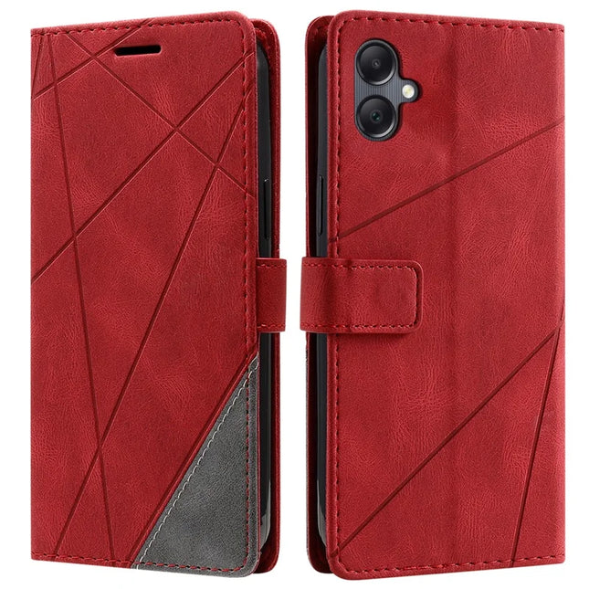 For Samsung Galaxy A06 Case Imprinted Lines PU Leather Splicing Wallet Phone Cover - Red