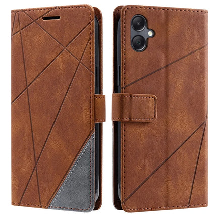 For Samsung Galaxy A06 Case Imprinted Lines PU Leather Splicing Wallet Phone Cover - Brown