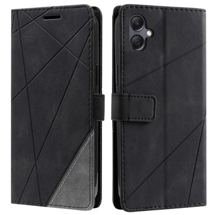 For Samsung Galaxy A06 Case Imprinted Lines PU Leather Splicing Wallet Phone Cover - Black