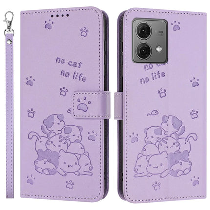 For Motorola Moto G84 5G Case with Strap Cats Imprint Leather Wallet Phone Cover - Purple