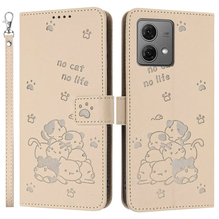 For Motorola Moto G84 5G Case with Strap Cats Imprint Leather Wallet Phone Cover - Beige