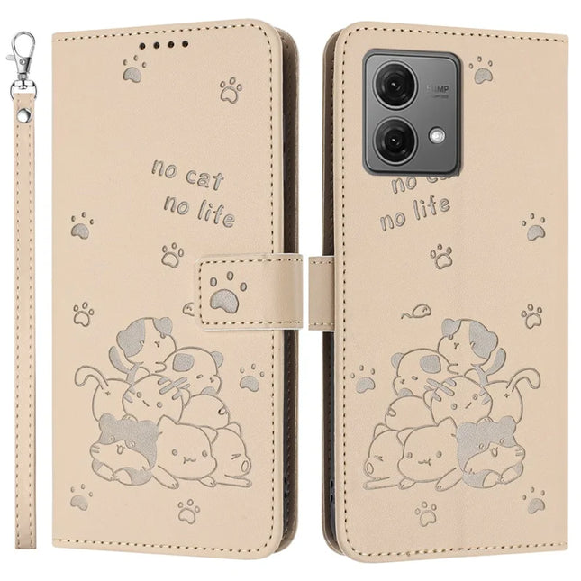 For Motorola Moto G84 5G Case with Strap Cats Imprint Leather Wallet Phone Cover - Beige