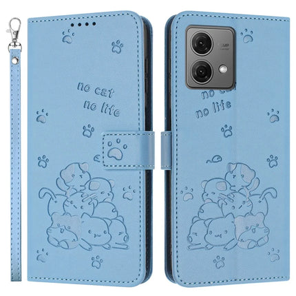 For Motorola Moto G84 5G Case with Strap Cats Imprint Leather Wallet Phone Cover - Blue