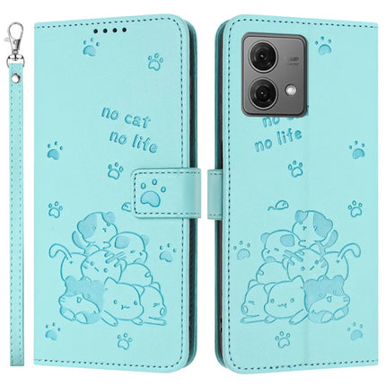 For Motorola Moto G84 5G Case with Strap Cats Imprint Leather Wallet Phone Cover - Green