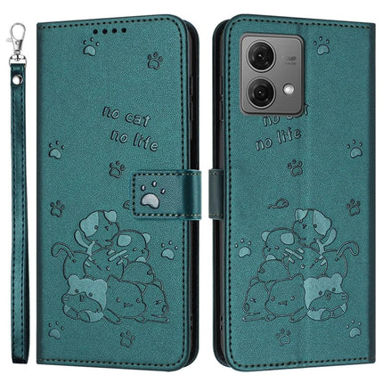 For Motorola Moto G84 5G Case with Strap Cats Imprint Leather Wallet Phone Cover - Blackish Green