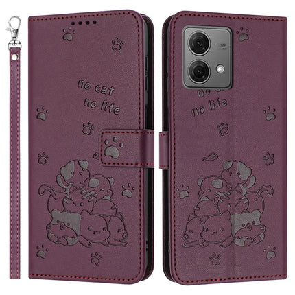 For Motorola Moto G84 5G Case with Strap Cats Imprint Leather Wallet Phone Cover - Wine Red