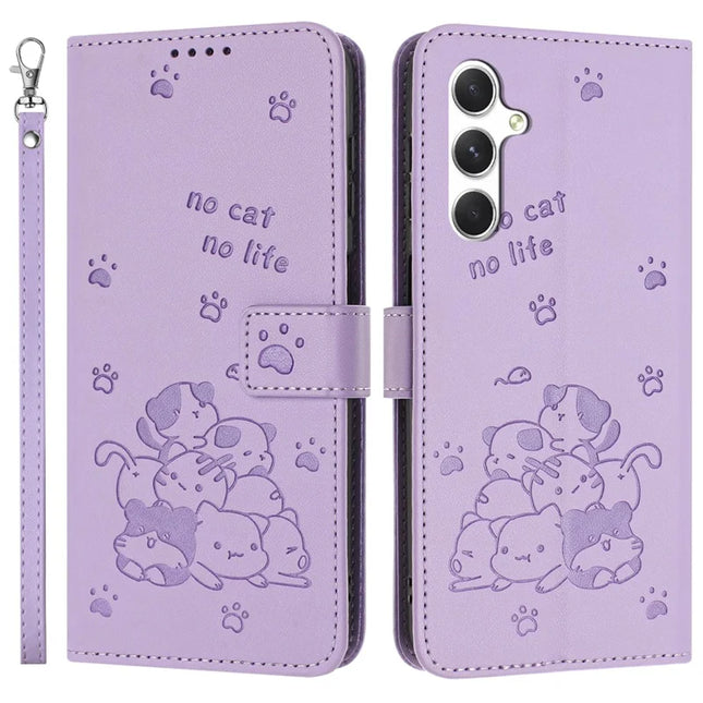 For Samsung Galaxy A14 5G  /  4G Case with Strap Cats Imprint Leather Wallet Phone Cover - Purple