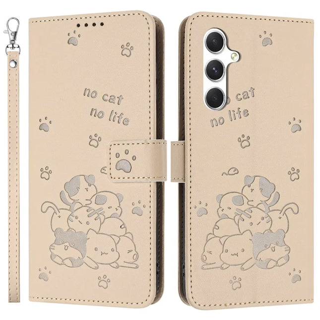 For Samsung Galaxy A14 5G  /  4G Case with Strap Cats Imprint Leather Wallet Phone Cover - Beige