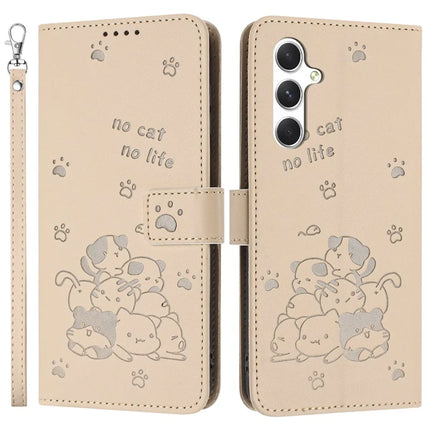 For Samsung Galaxy A34 5G Case with Strap Cats Imprint Leather Wallet Phone Cover - Beige