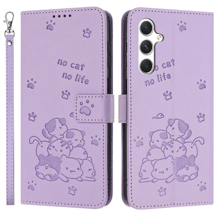 For Samsung Galaxy A34 5G Case with Strap Cats Imprint Leather Wallet Phone Cover - Purple
