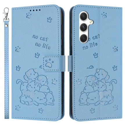 For Samsung Galaxy A34 5G Case with Strap Cats Imprint Leather Wallet Phone Cover - Blue