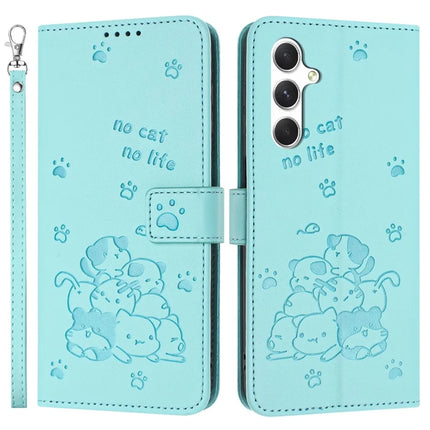 For Samsung Galaxy A34 5G Case with Strap Cats Imprint Leather Wallet Phone Cover - Green