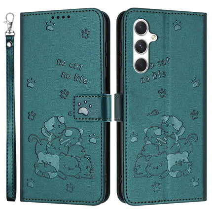 For Samsung Galaxy A34 5G Case with Strap Cats Imprint Leather Wallet Phone Cover - Blackish Green
