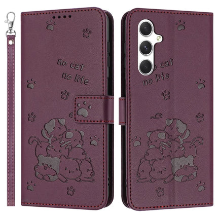 For Samsung Galaxy A34 5G Case with Strap Cats Imprint Leather Wallet Phone Cover - Wine Red