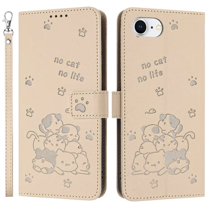 For iPhone 16e Case with Strap Cats Imprint Leather Wallet Phone Cover - Beige