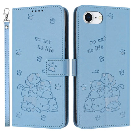 For iPhone 16e Case with Strap Cats Imprint Leather Wallet Phone Cover - Blue