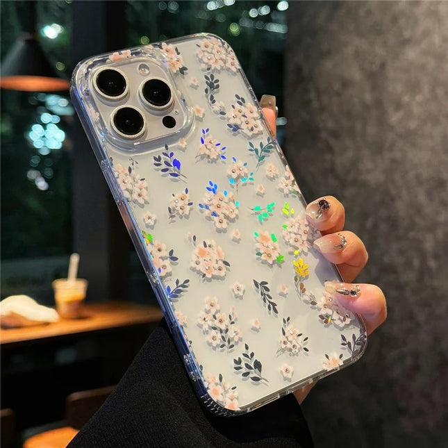 For iPhone 16 Pro Max Case Laser Flower IMD PC+TPU Clear Phone Cover - Geranium