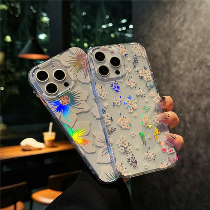 For iPhone 16 Pro Max Case Laser Flower IMD PC+TPU Clear Phone Cover