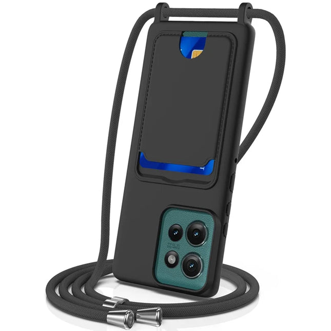 For Motorola Edge 50 5G Case Liquid Silicone Card Holder Phone Back Cover with Lanyard - Black