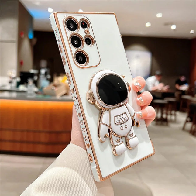 For Samsung Galaxy S23 Ultra Case Love Hearts Electroplating TPU Phone Cover with Astronaut Kickstand - Ivory White