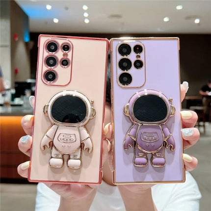 For Samsung Galaxy S23 Ultra Case Love Hearts Electroplating TPU Phone Cover with Astronaut Kickstand