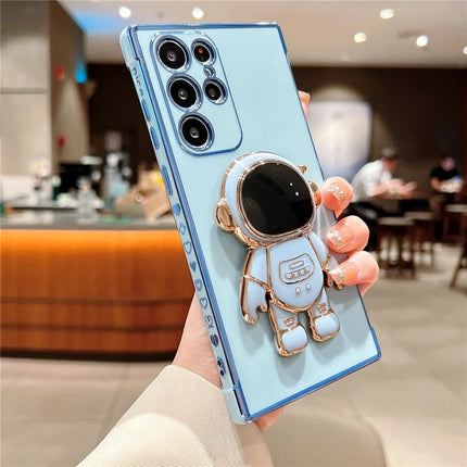 For Samsung Galaxy S23 Ultra Case Love Hearts Electroplating TPU Phone Cover with Astronaut Kickstand - Blue