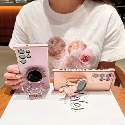 For Samsung Galaxy S23 Ultra Case Love Hearts Electroplating TPU Phone Cover with Astronaut Kickstand